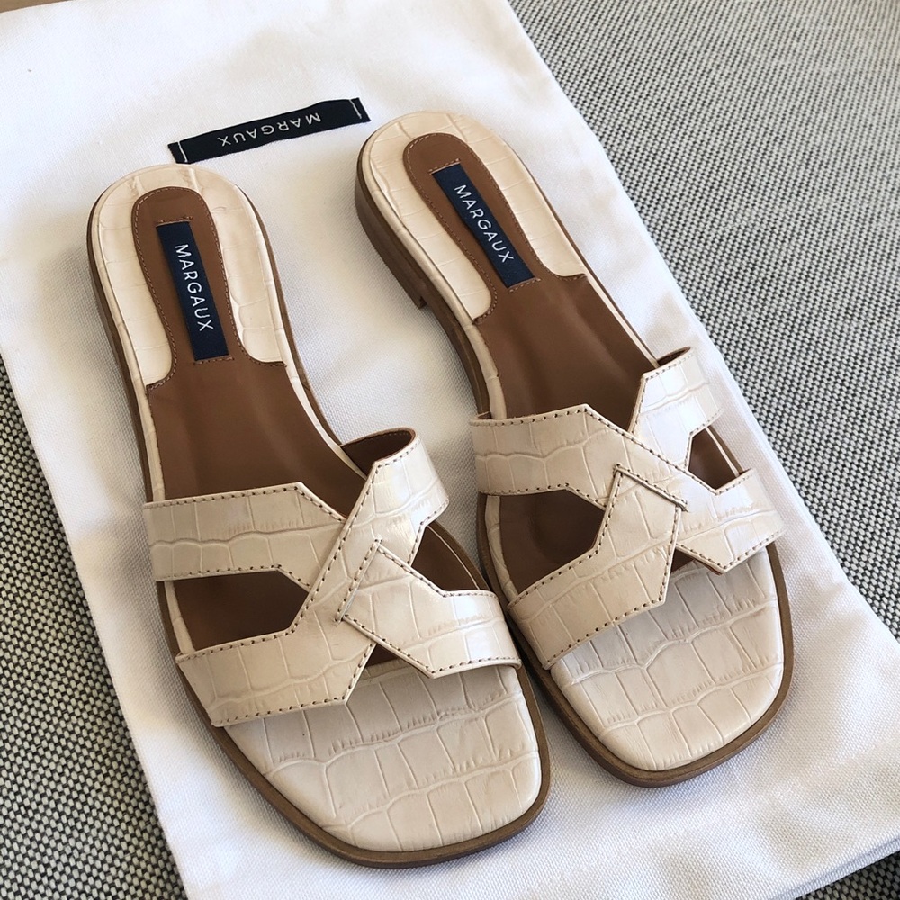 Margaux MX Cream Croc-Embossed Interwoven Slide Sandals